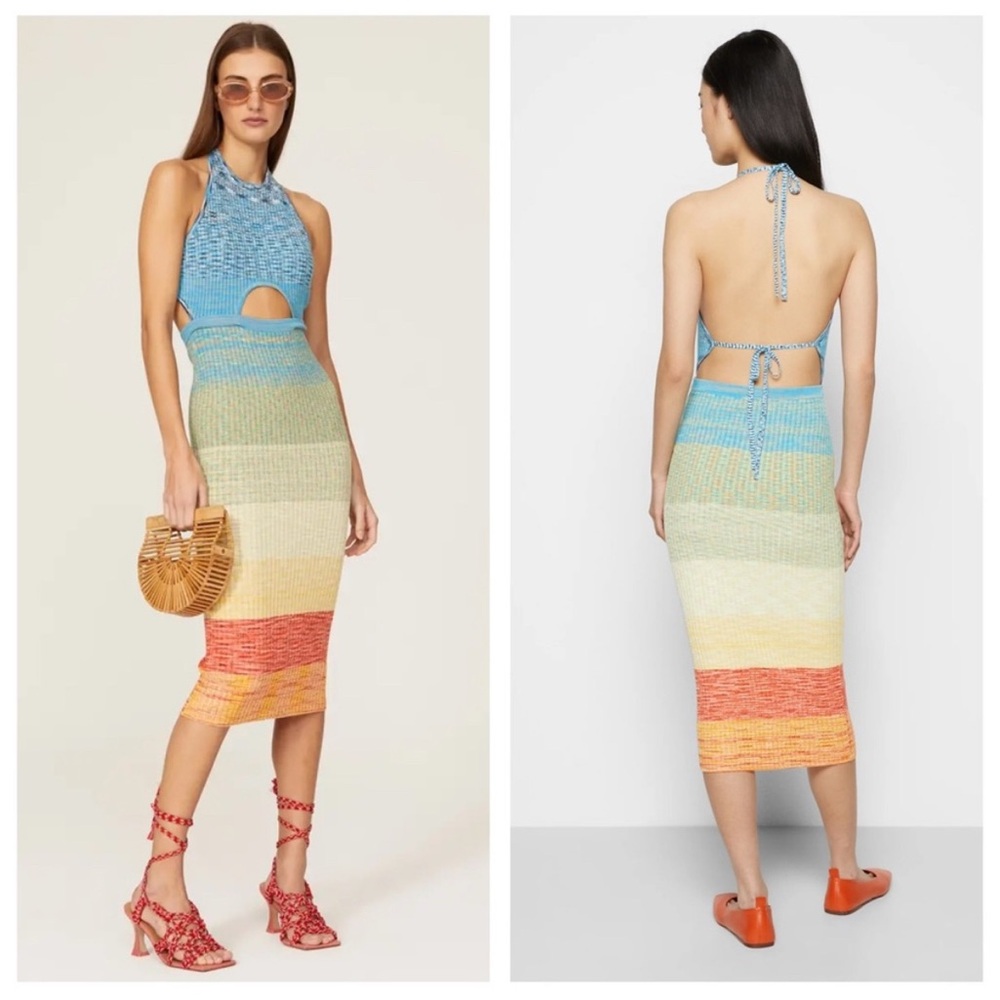 Staud Edesia Rainbow Stripe Knit Cut Out Midi Dress Small
